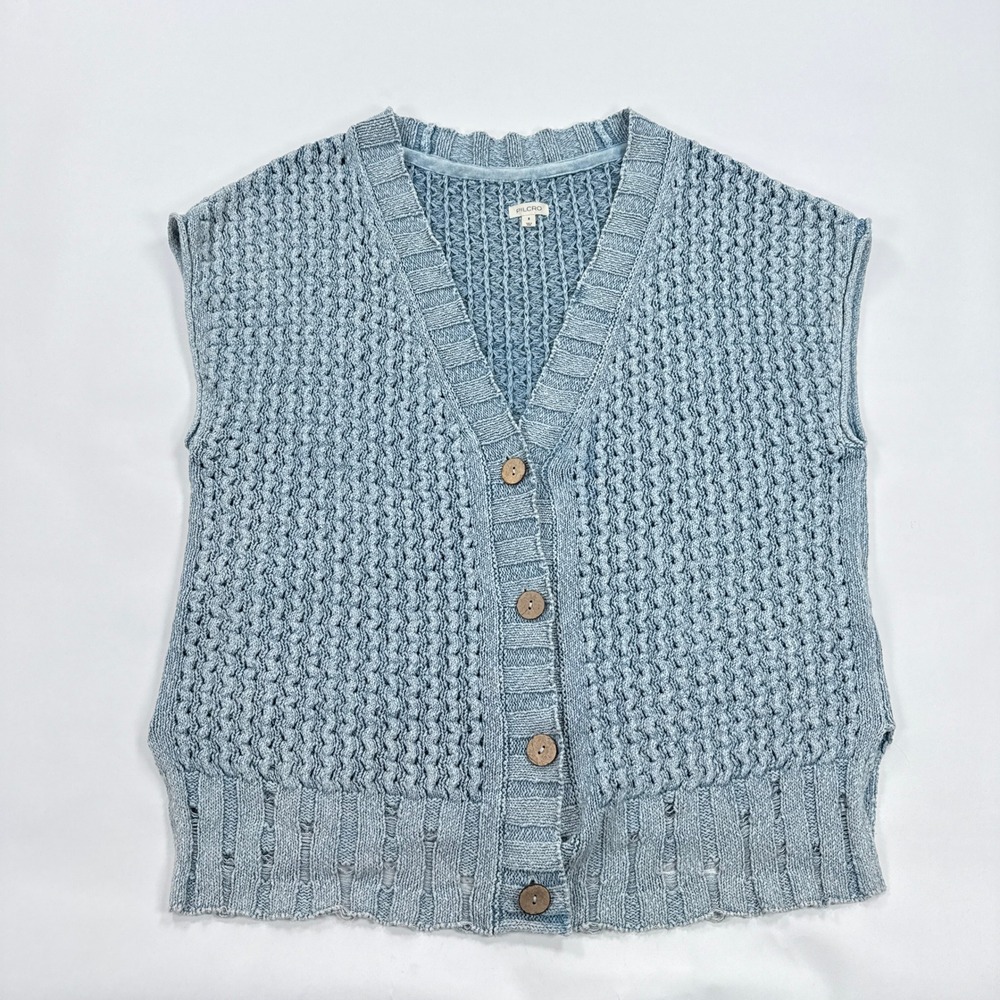 Pilcro Womens Knit Vest Small Blue Button Up Textured Coastal Boho Anthropologie